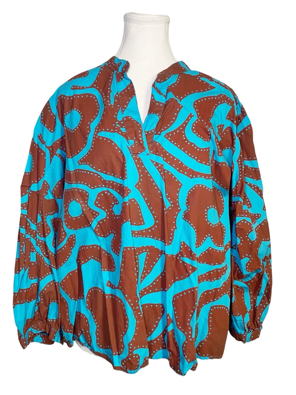 Ivy Jane Teal & Brown Abstract Print V-Neck Popover Top Size L